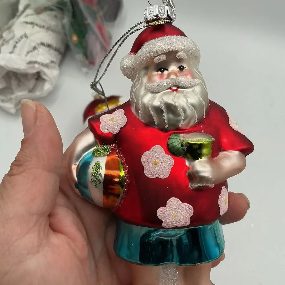 Radko Style Tropical Santa Glass Christmas Ornament Hawaiian Shirt Beach Holiday